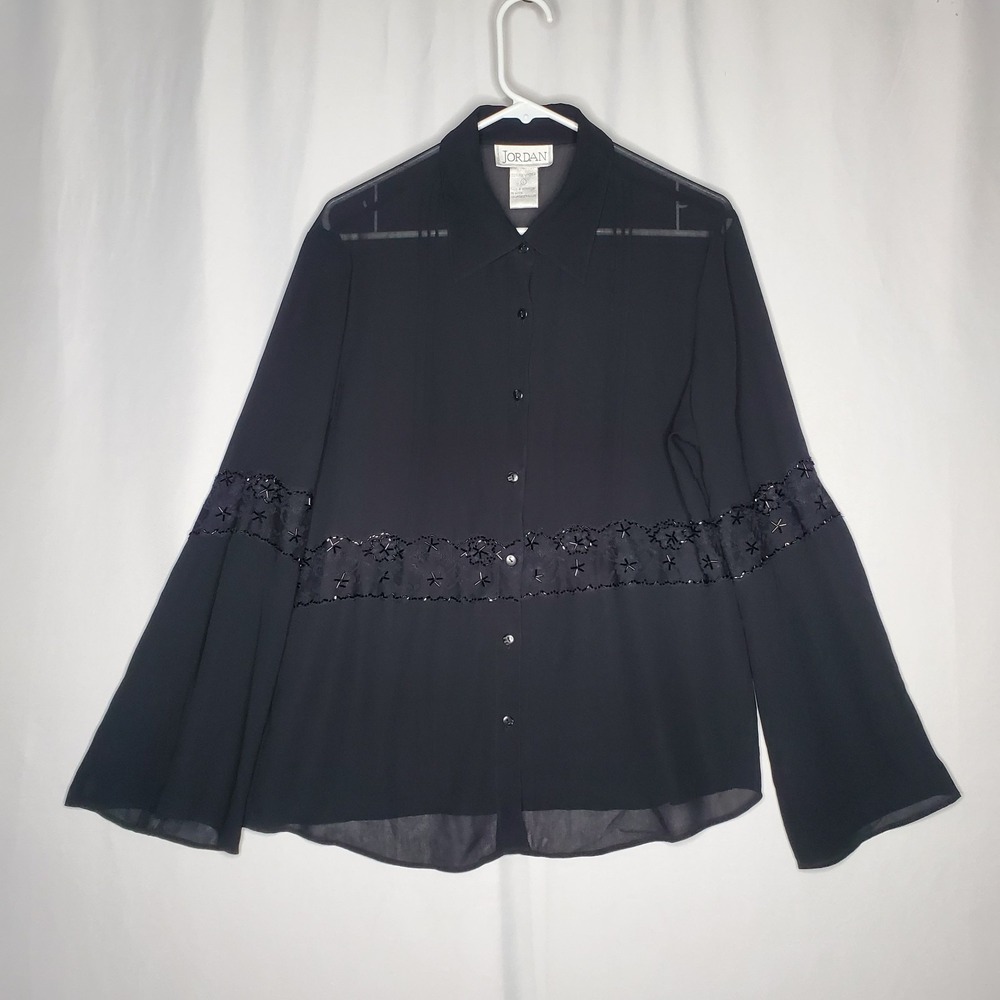 Jordan Sheer Button Top Women Large Black Bead Lace‎ Flare Romantic Witchy Glam